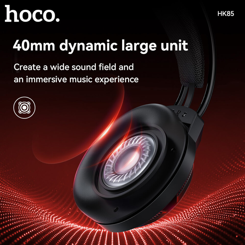 หูฟังเกมมิ่ง HOCO HK85 ดอกลำโพง 40MM ไมโครโฟน HD ถอดออกได้ แต่งไฟ RGB สายแจ็ค USB ยาว 2 เมตร